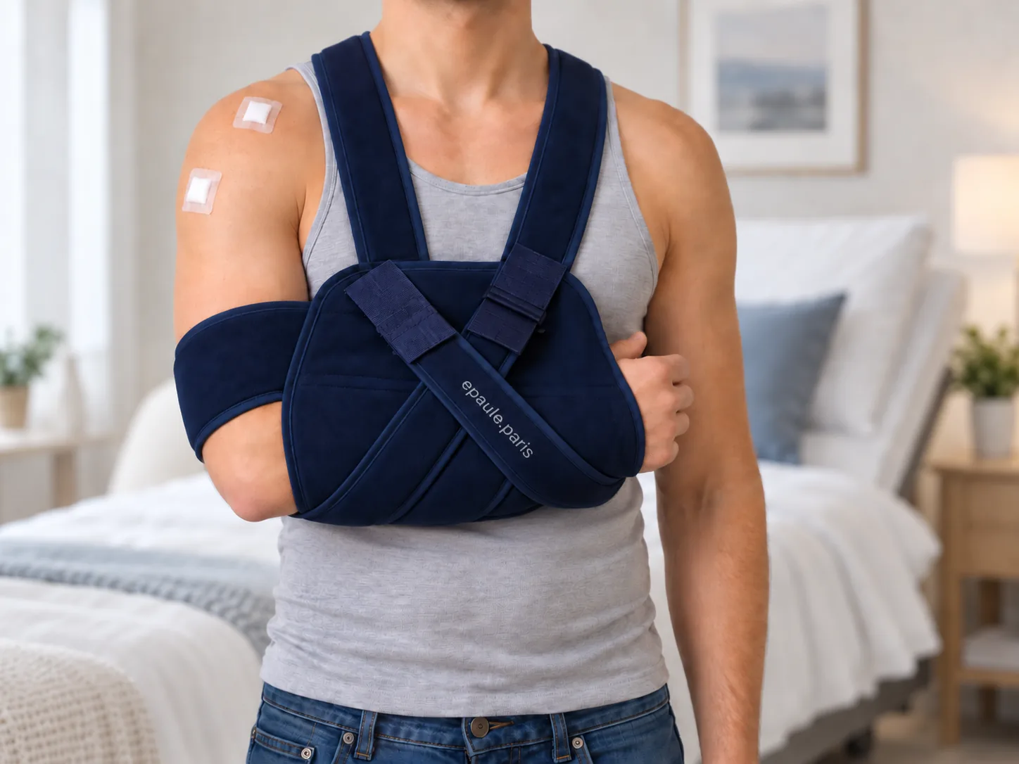 Patient portant une attelle d’immobilisation de l’épaule après une réparation de la coiffe des rotateurs