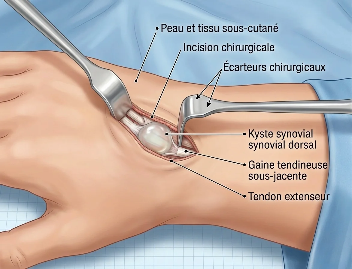 Chirurgie kyste synovial Exérèse chirurgicale à ciel ouvert d'un kyste synovial du poignet avec résection du pédicule