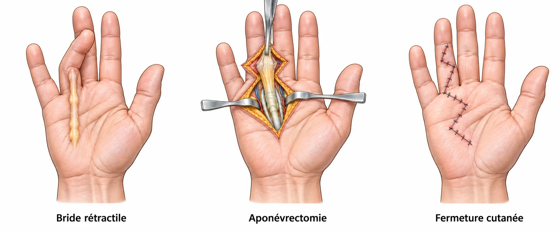 Aponévrectomie : bride rétractile, exérèse de l'aponévrose malade en protégeant les pédicules, fermeture cutanée en zigzag (illustration Dr Kilinc). Aponévrectomie pour maladie de Dupuytren en 3 étapes : bride rétractile, exérèse de l'aponévrose malade, fermeture cutanée en zigzag