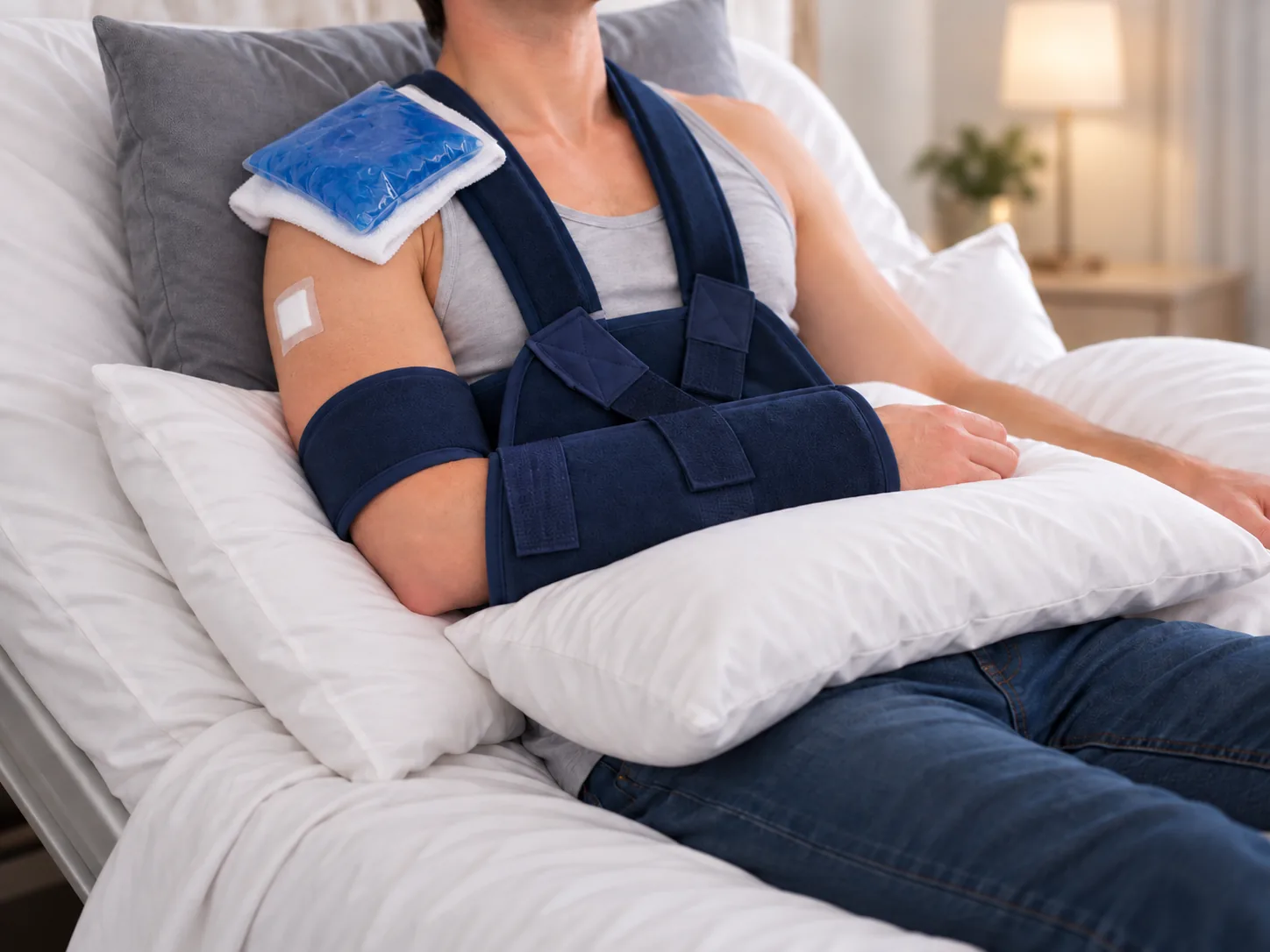 Patient installé en position demi-assise les premiers soirs après une opération de l’épaule : attelle coude au corps, coussins derrière l’épaule et sous l’avant-bras, poche de glace posée sur l’épaule avec un linge.