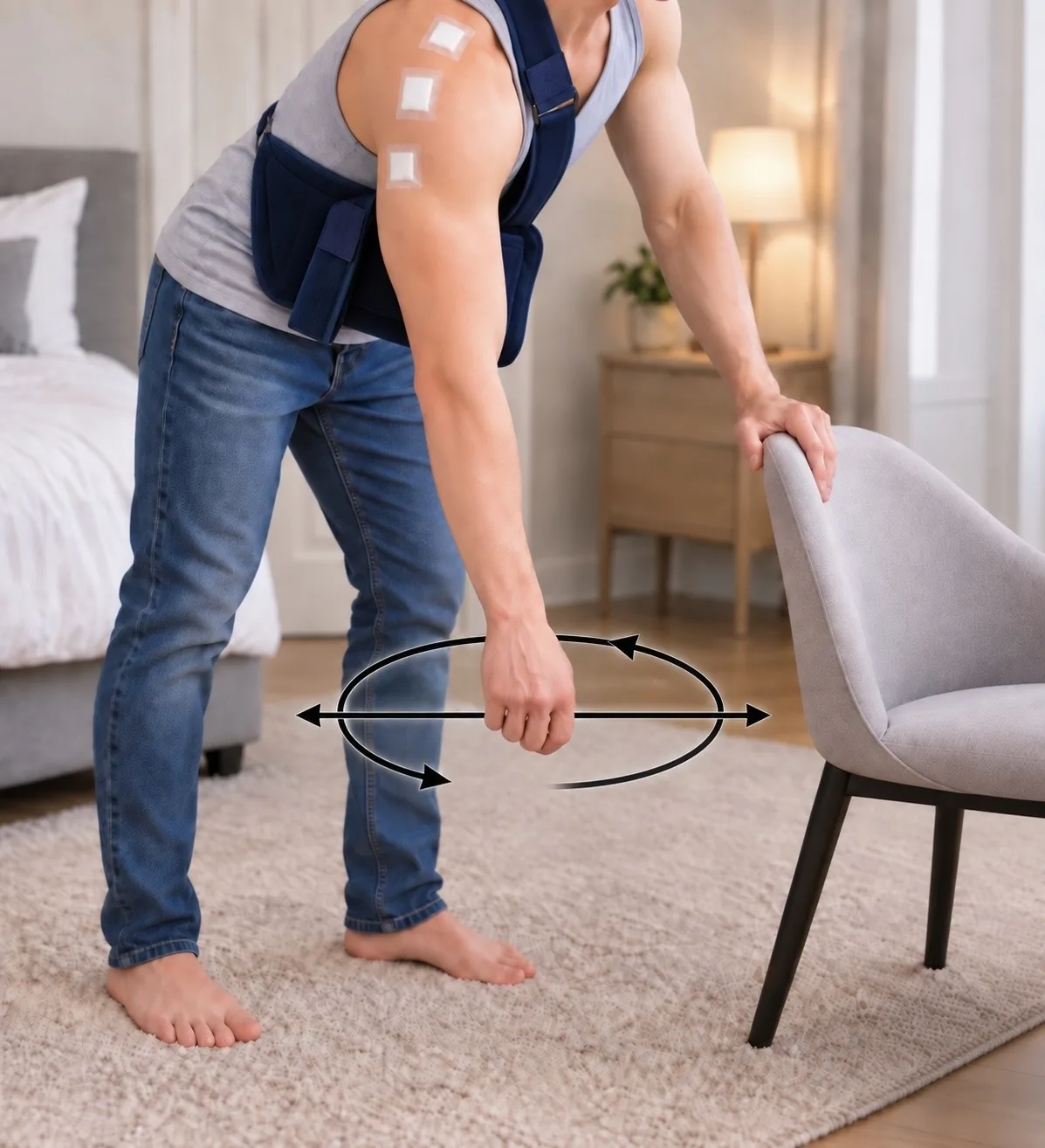Exercice pendulaire après une opération de l’épaule : penché en avant, en appui sur une chaise avec la main valide, le patient laisse pendre le bras opéré sorti de l’attelle, relâché, et lui fait décrire de petits cercles et des mouvements de balancier.
