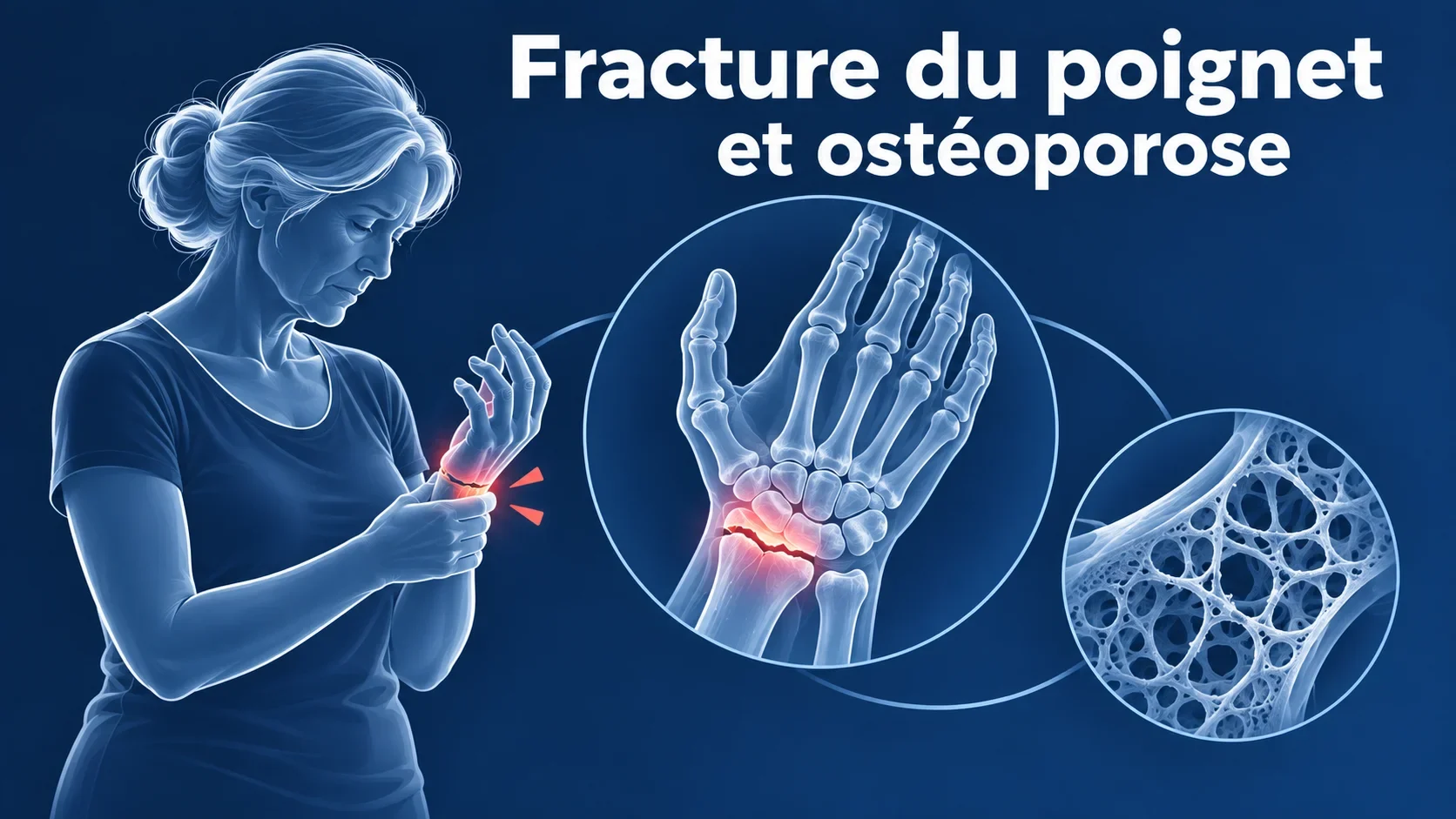 Fracture du poignet et ostéoporose Fracture du poignet et ostéoporose : fracture du radius chez une femme de plus de 50 ans et os trabéculaire fragilisé