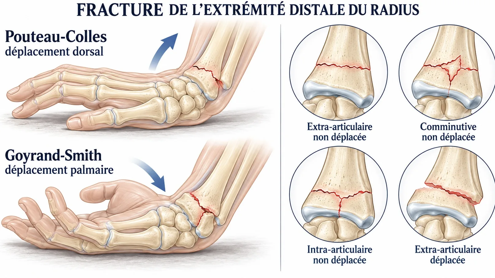 Types de fracture de l’extrémité distale du radius Types de fracture du poignet : Pouteau-Colles à déplacement dorsal, Goyrand-Smith à déplacement palmaire, fractures extra-articulaires, intra-articulaires et comminutives du radius distal