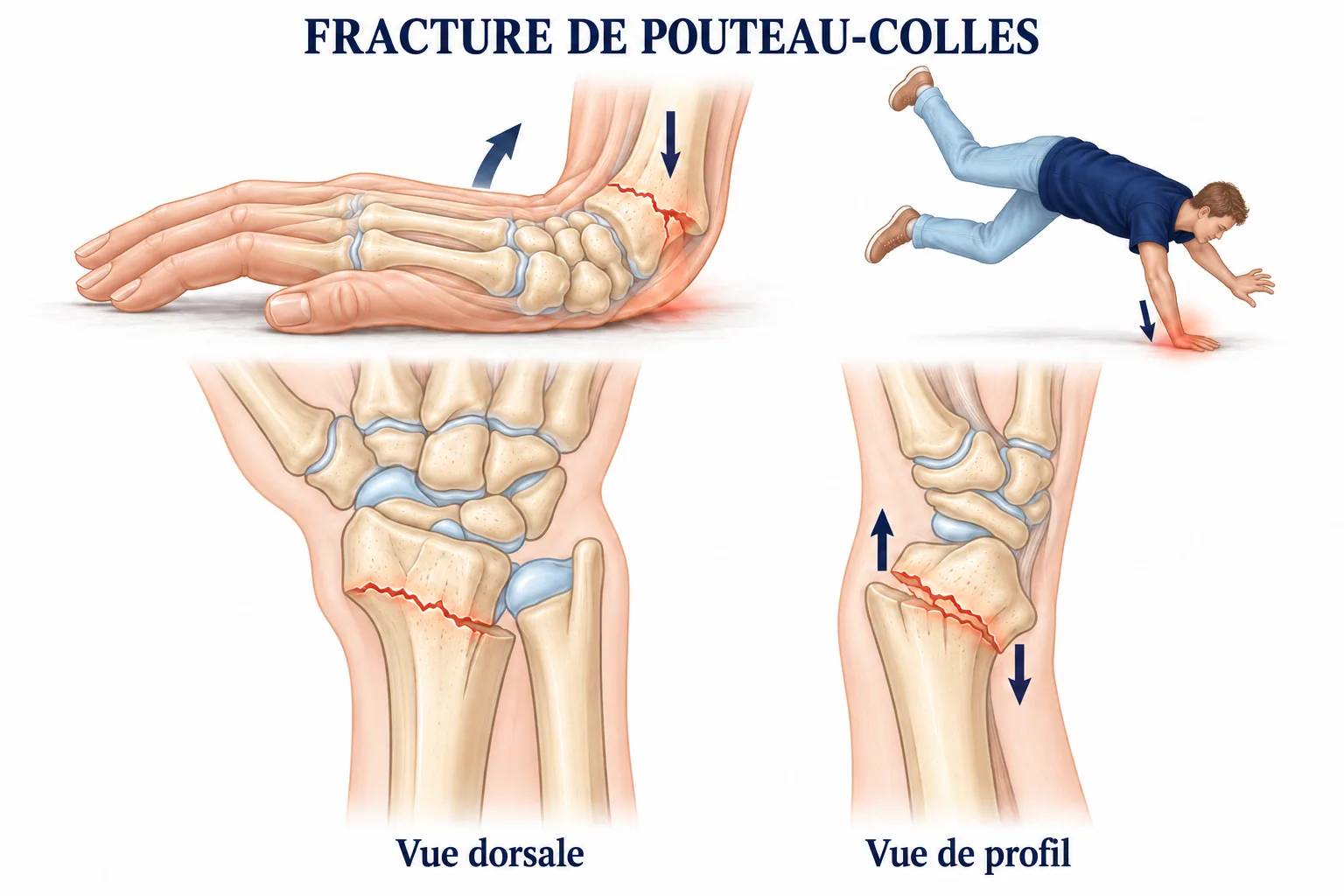 Fracture de Pouteau-Colles : mécanisme de chute sur la main Mécanisme de la fracture du poignet de Pouteau-Colles : chute sur la paume, poignet en extension, bascule dorsale du fragment du radius (vue dorsale et vue de profil)