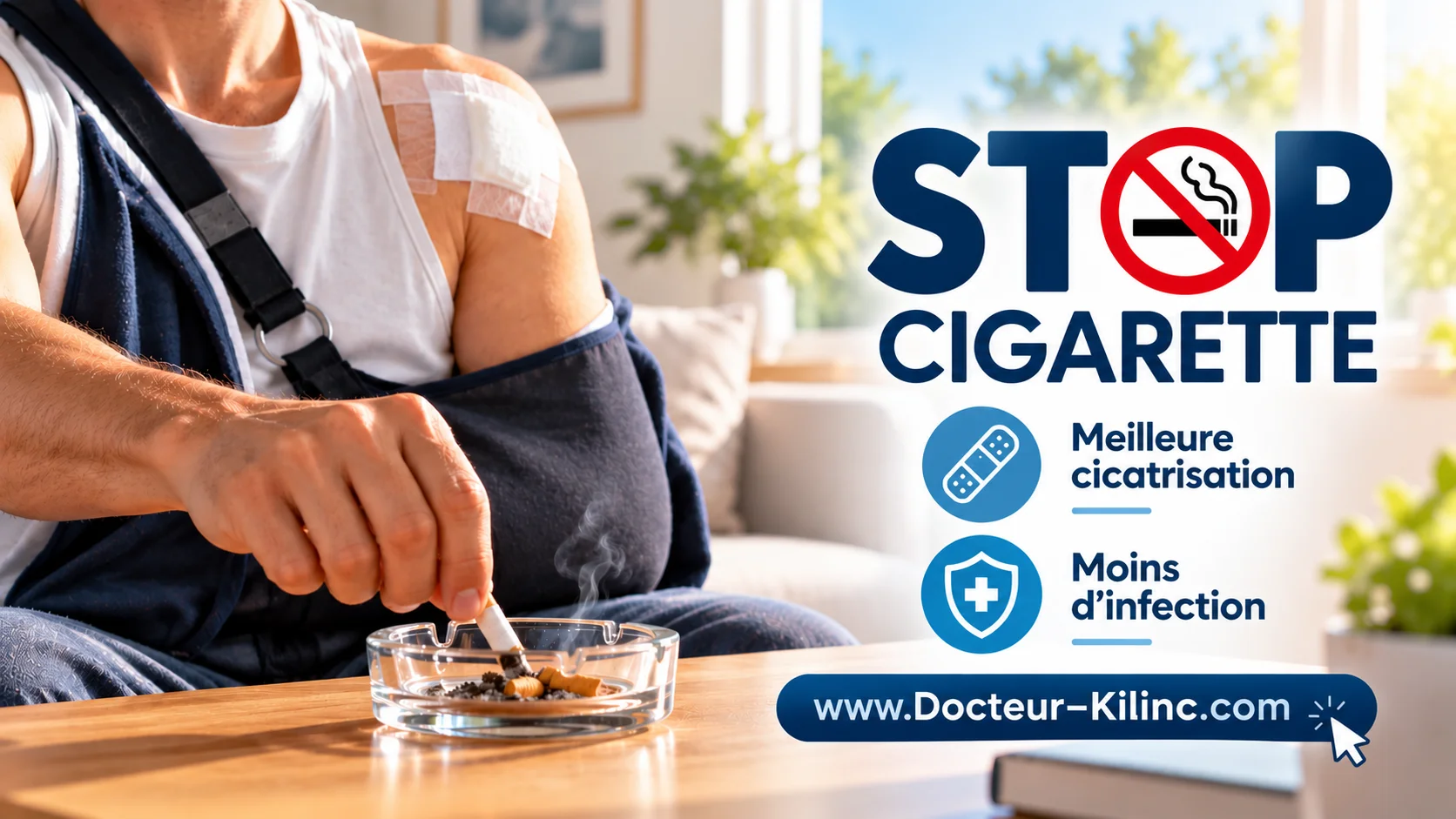 Patient opéré de l'épaule en écharpe écrasant une cigarette : arrêter de fumer pour une meilleure cicatrisation et moins d'infection