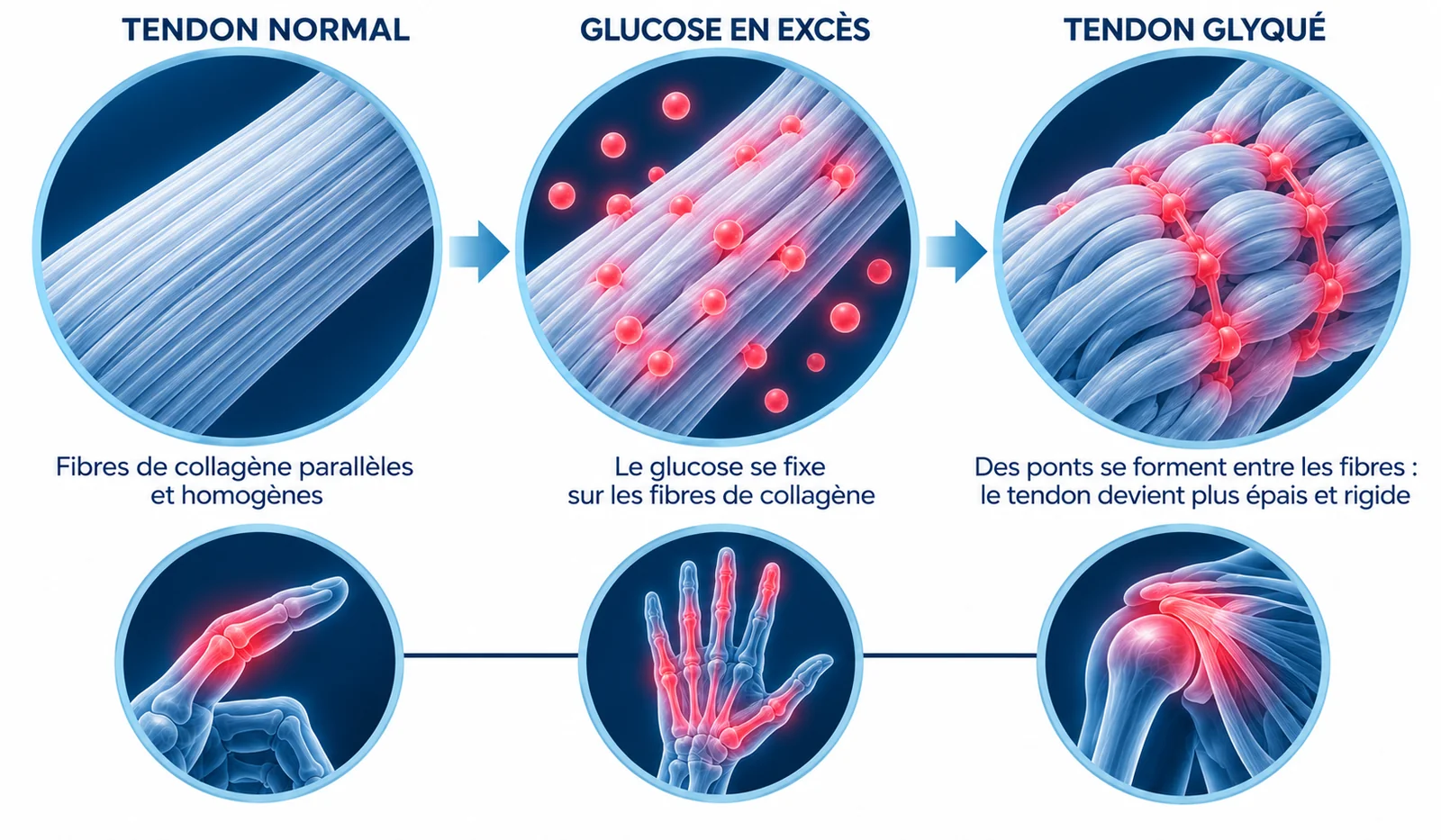 Schéma de la glycation du collagène : le glucose crée des ponts entre les fibres d'un tendon qui devient épais et rigide