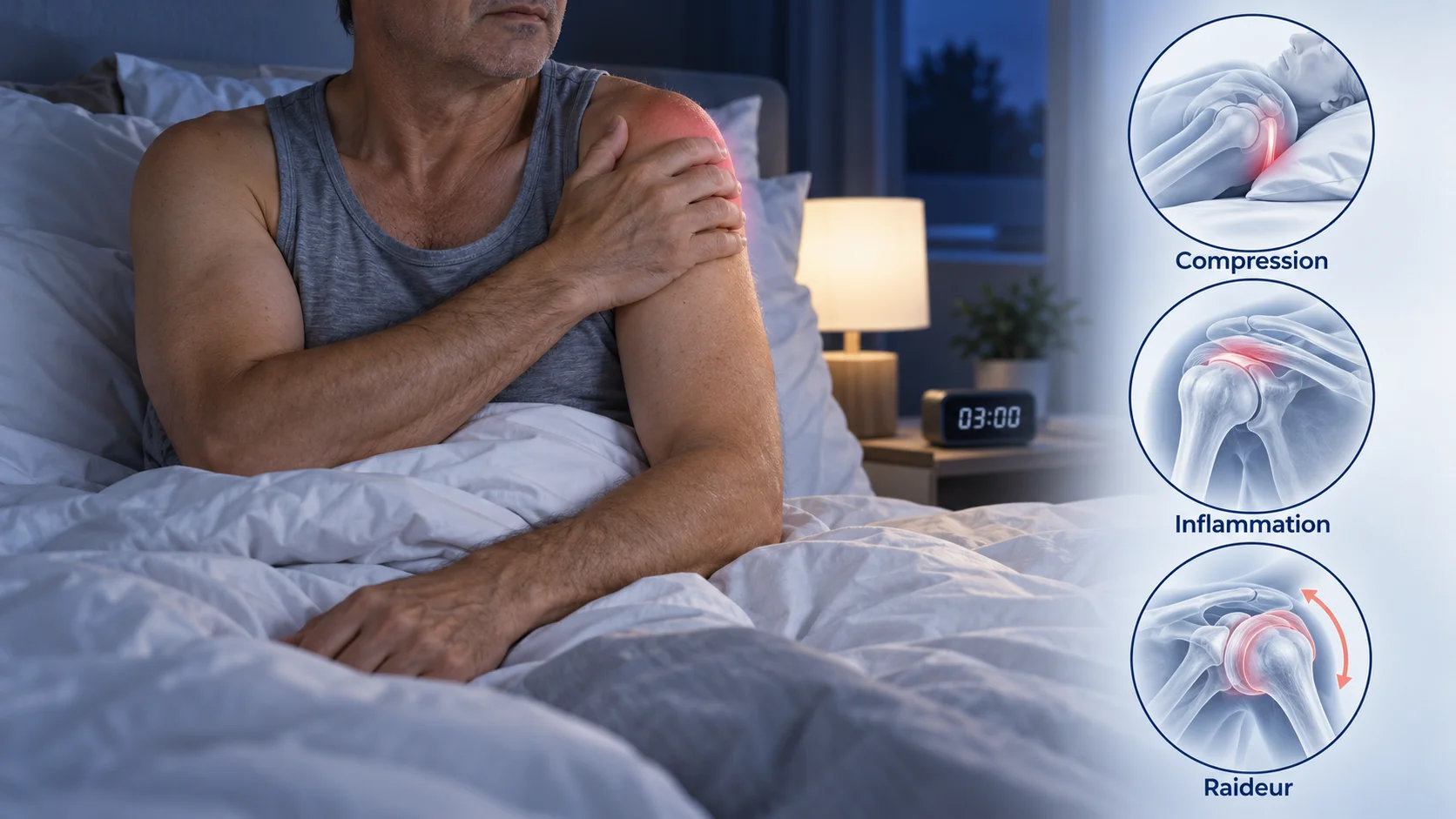 Homme assis dans son lit la nuit, la main sur l'épaule douloureuse, réveil affichant 3 h ; trois médaillons illustrent la compression, l'inflammation et la raideur de l'épaule