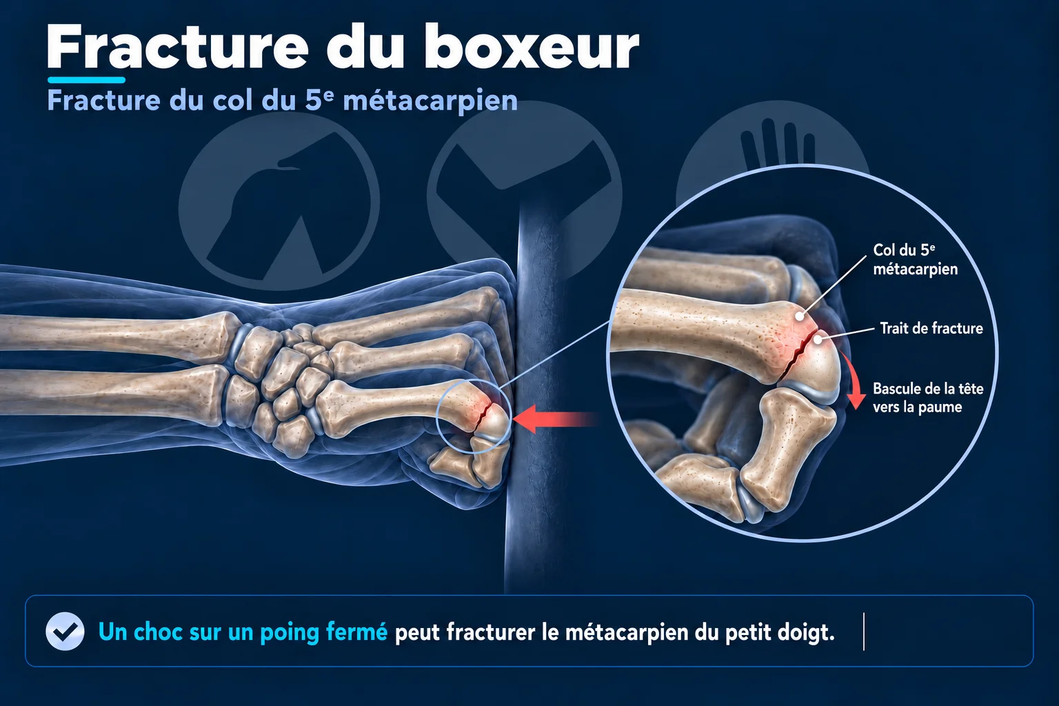 Fracture du boxeur : fracture du col du 5e métacarpien après un choc sur le poing fermé, avec bascule de la tête vers la paume
