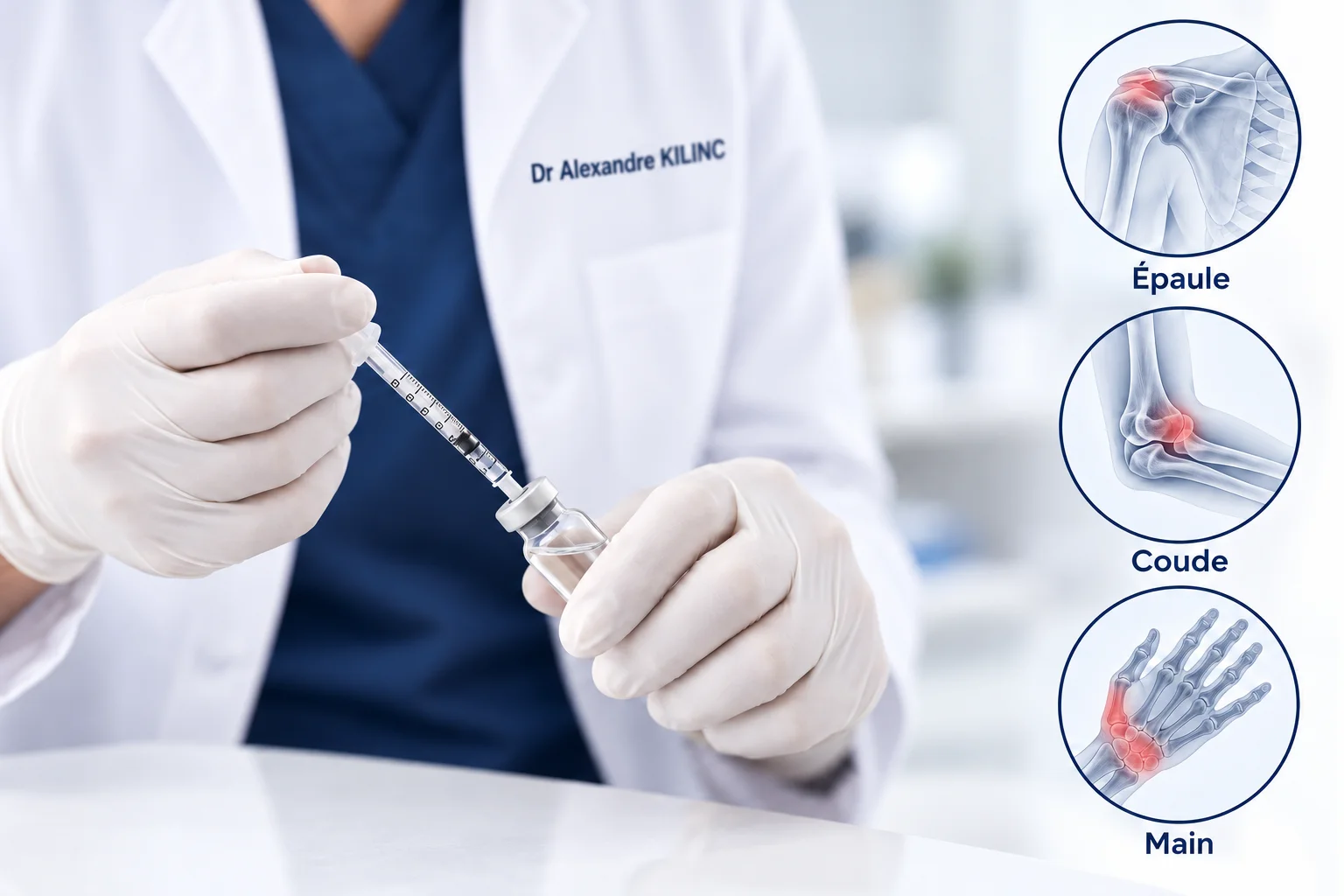 Infiltration de l’épaule, du coude et de la main : préparation de l’injection par le Dr Alexandre Kilinc, chirurgien de la main et de l’épaule à Paris