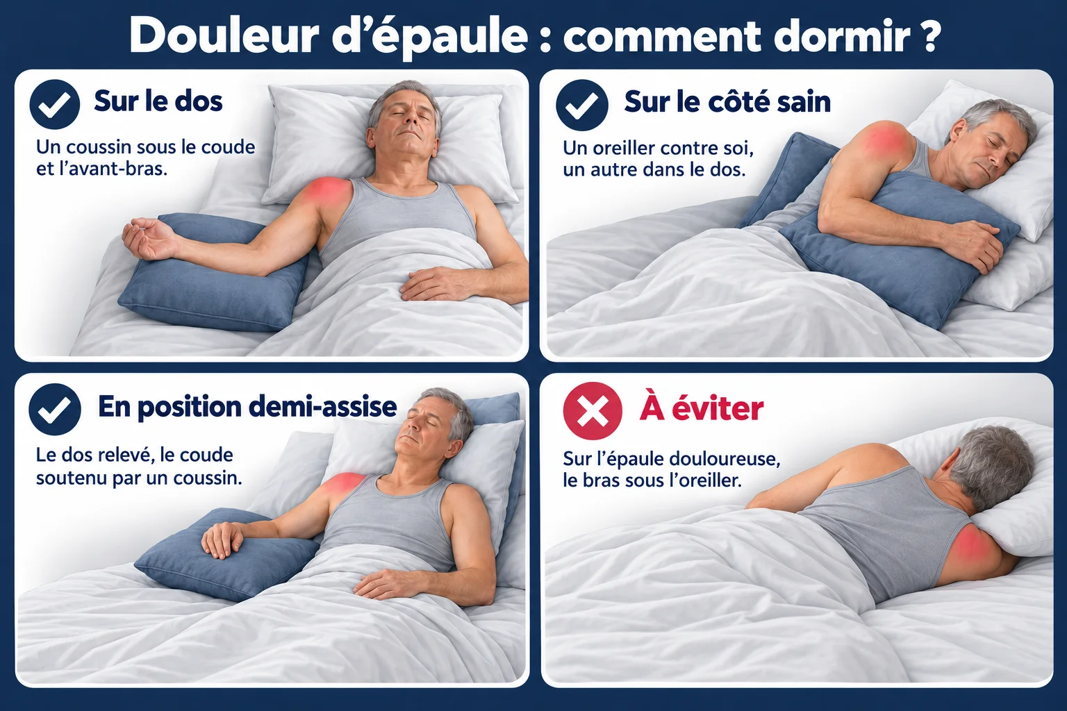 positions-dormir-epaule-douloureuse Trois positions pour dormir avec une épaule douloureuse : sur le dos avec un coussin sous le coude, sur le côté sain avec un oreiller contre soi et un autre dans le dos, en position demi-assise ; à éviter : couché sur l'épaule douloureuse, le bras sous l'oreiller