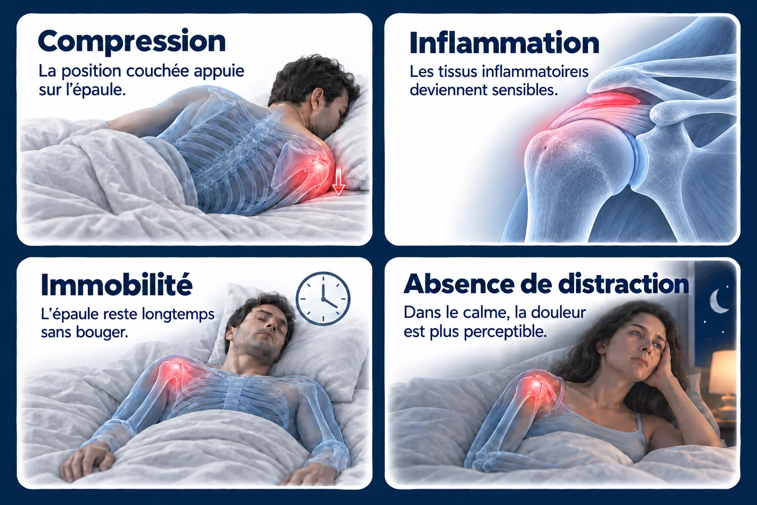 pourquoi-epaule-fait-mal-la-nuit Les quatre raisons pour lesquelles l'épaule fait plus mal la nuit : compression de l'épaule en position couchée, inflammation des tissus, immobilité prolongée et absence de distraction